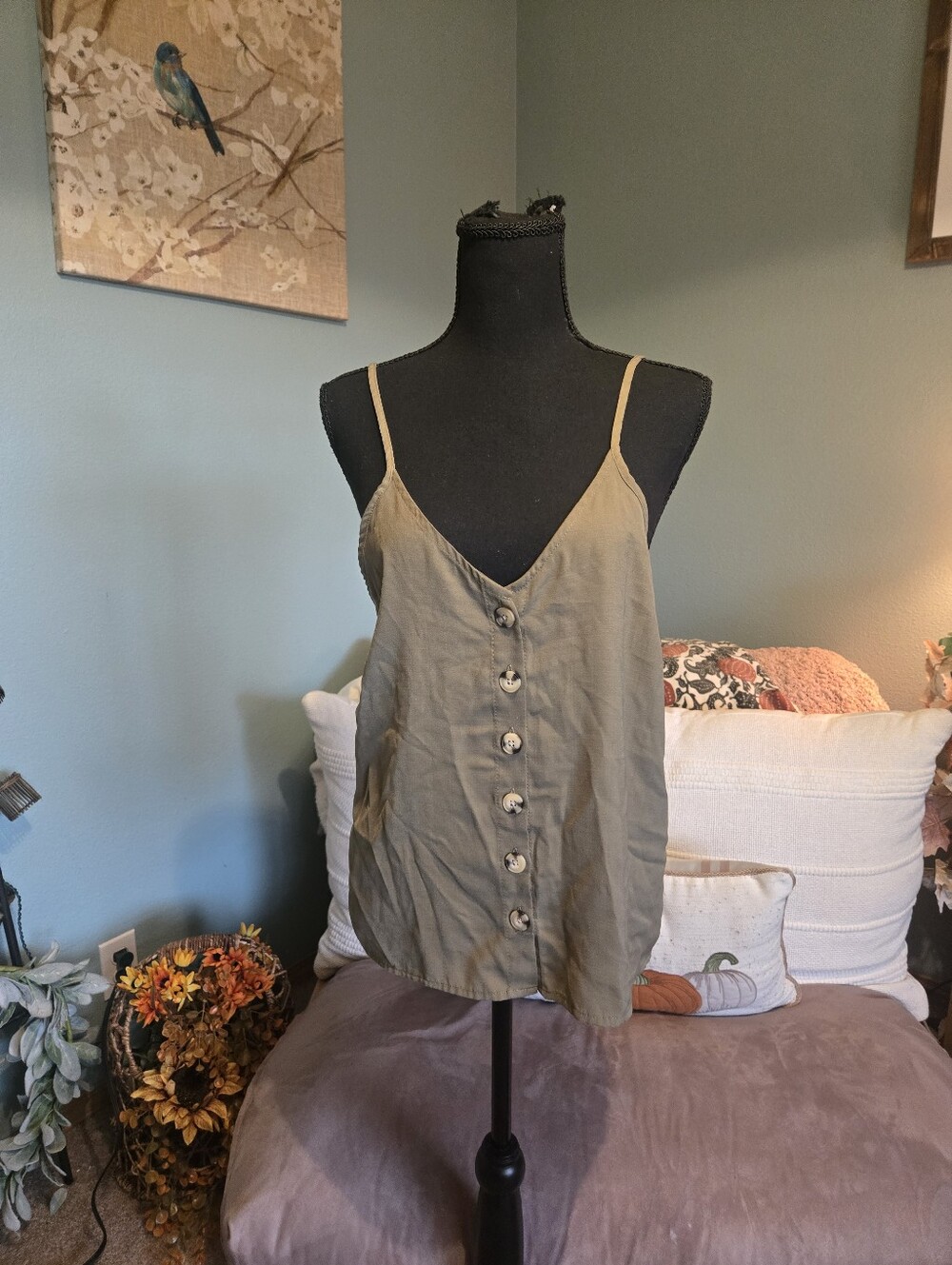 Paper Crane Olive Green Button-Front Cami